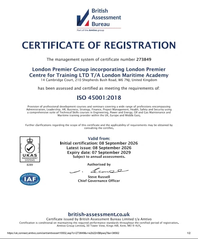 ISO 45001 – Occupational Health & Safety Management System certificate